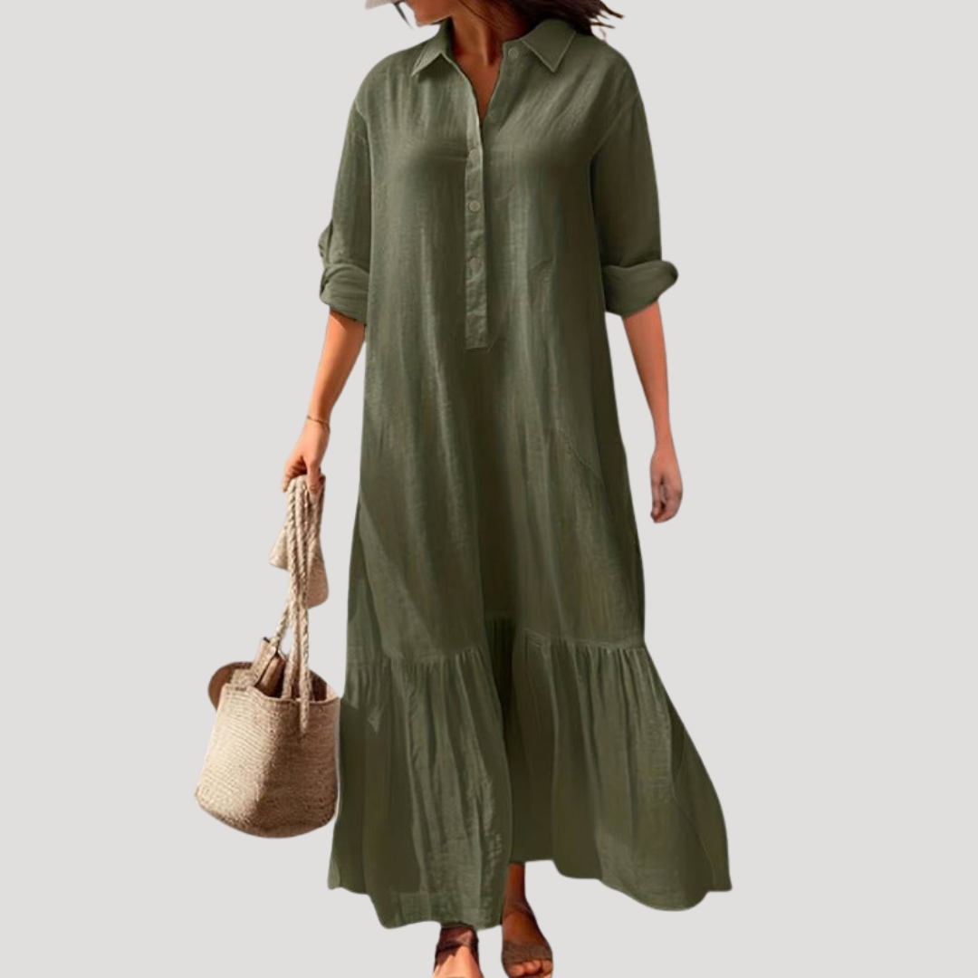 Cotton Shirt Dress with Tiered Hem and Button Front