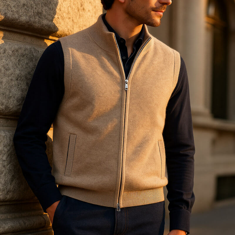 Men's Full-Zip Knitted Gilet with Stand Collar