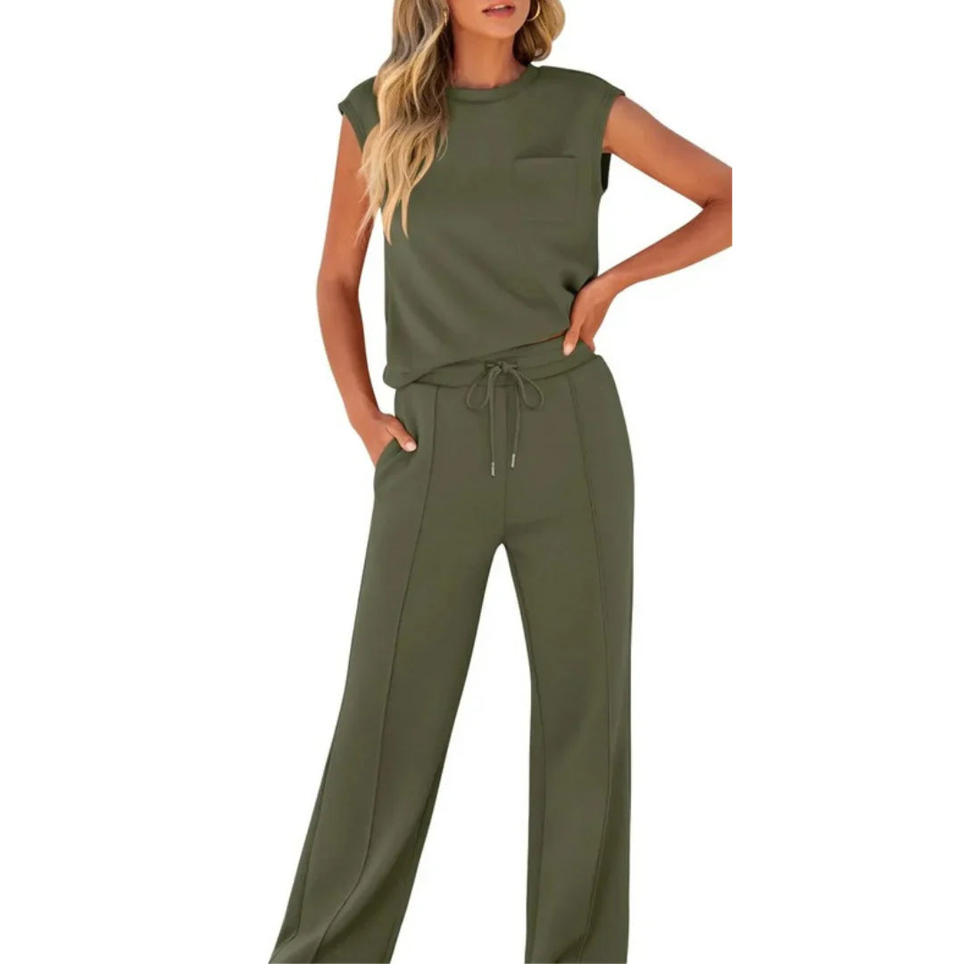 Women's Cap Sleeve Top and Drawstring Wide Leg Set