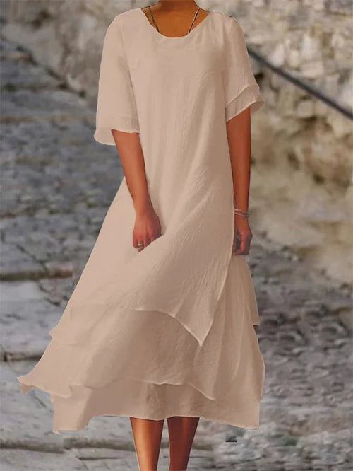 Loose Midi Dress with Tiered Ruffle Hem