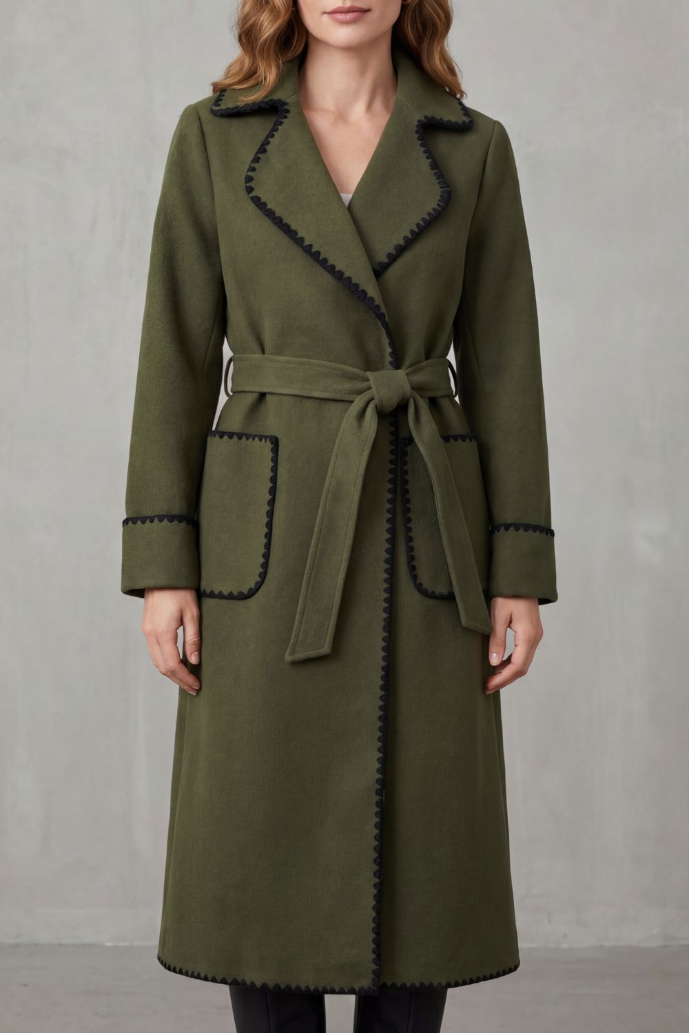 Women’s Belted Longline Coat with Contrast Stitch Trim