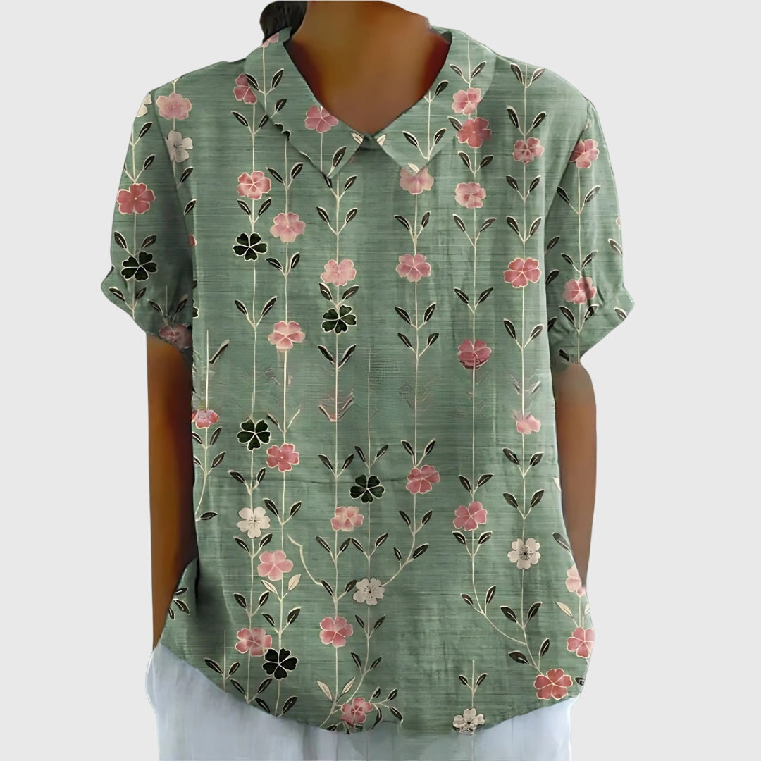 Floral Print Blouse with Collar and Short Sleeves