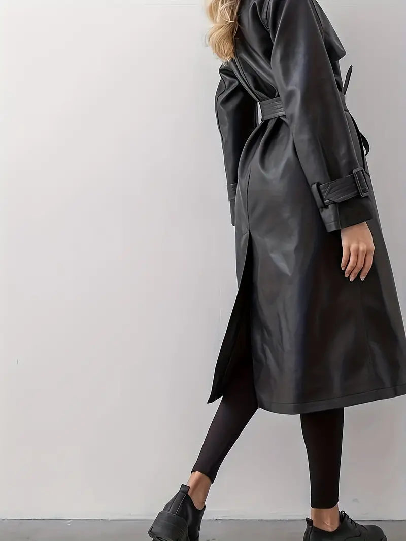 Trench-coat en similicuir pour femme avec ceinture