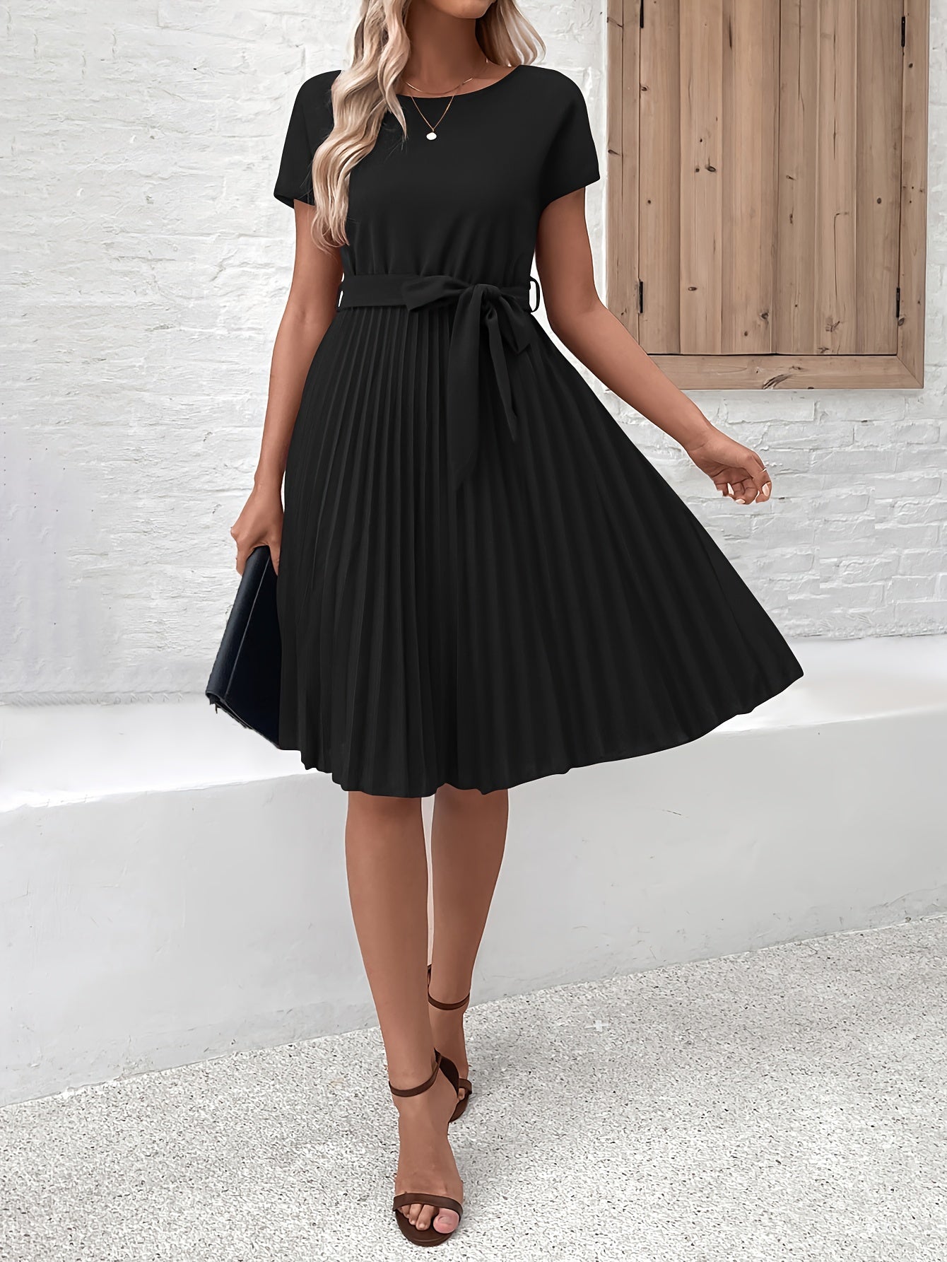 Women's Pleated Waist Tie Midi Dress