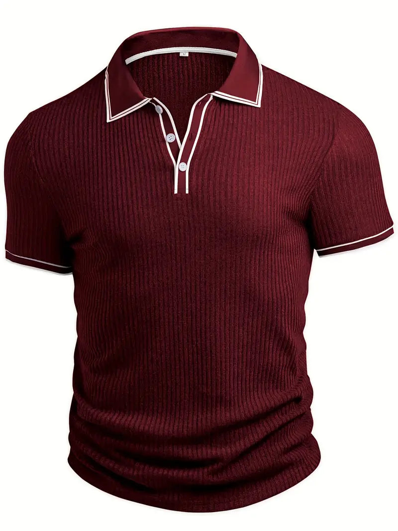Ribbed Knit Polo with Contrast Placket Trim