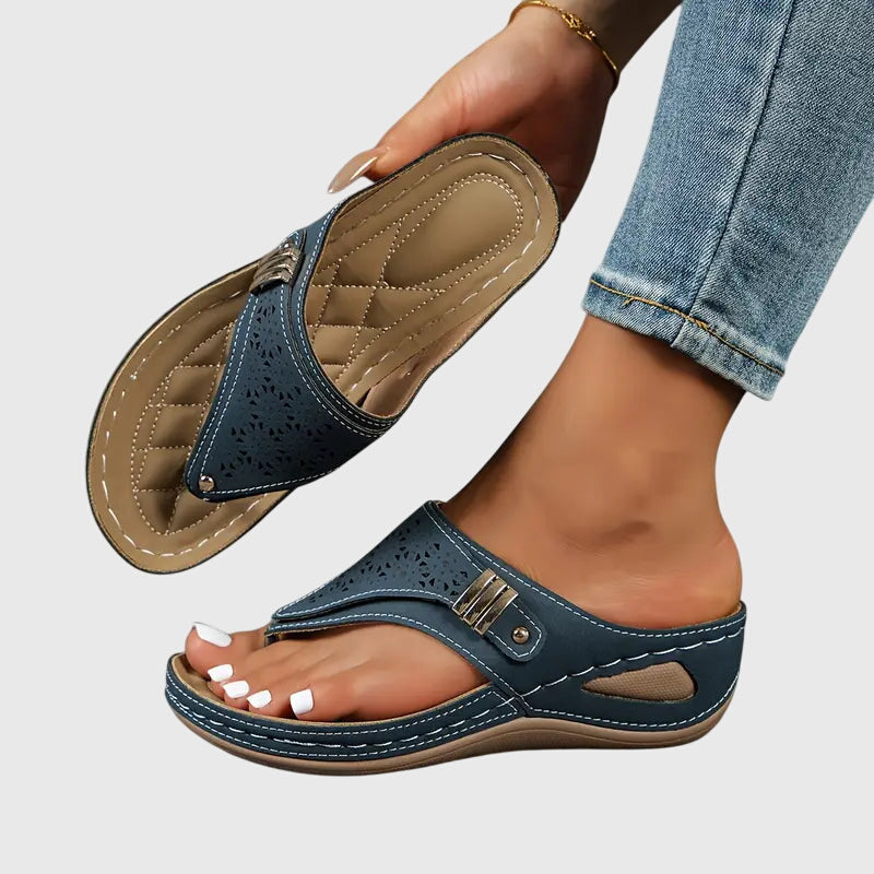 Toe-Post Wedge Sandals with Buckle Strap