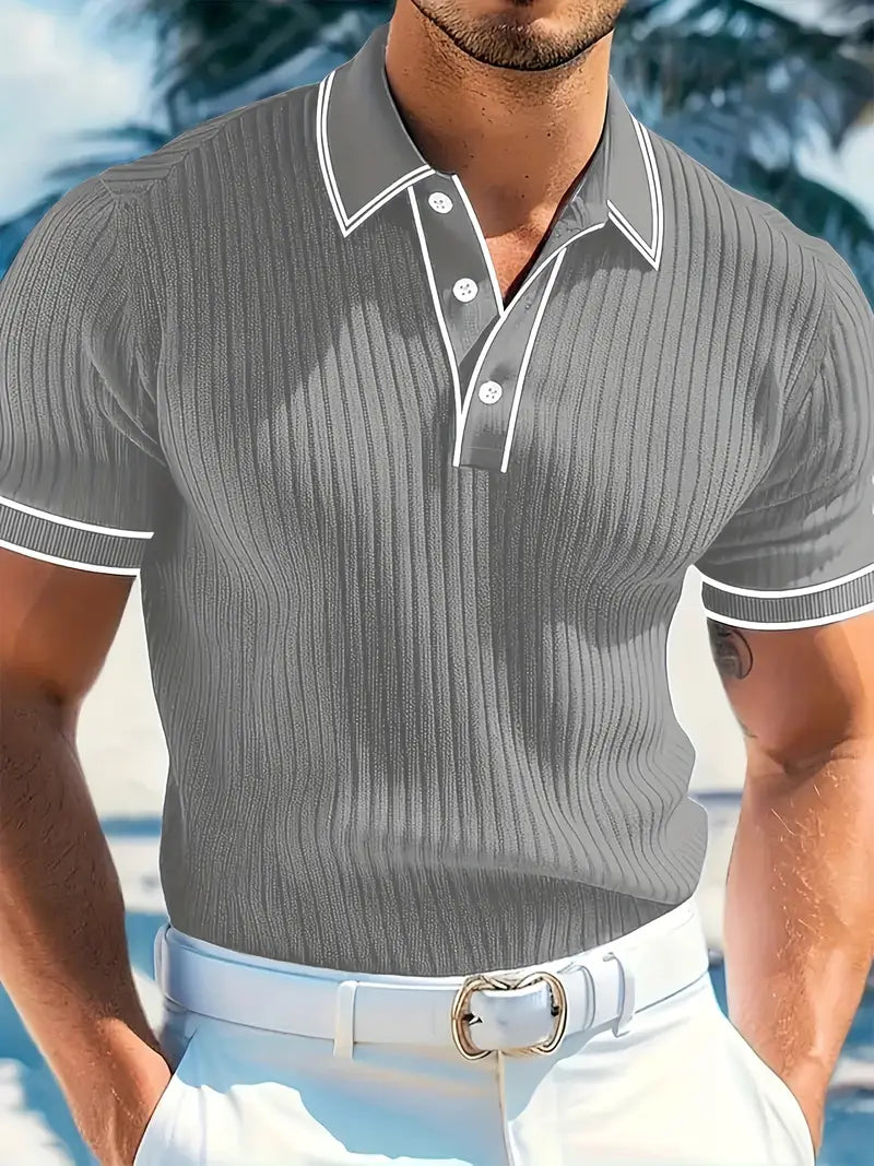 Ribbed Knit Polo with Contrast Placket Trim