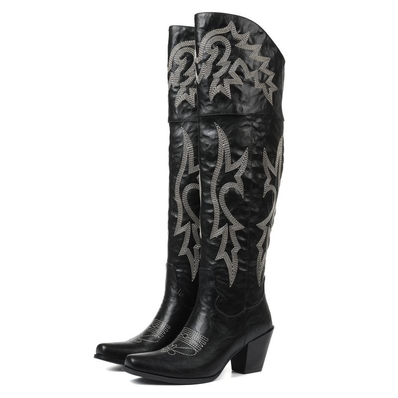 Bottes western brodées pour femmes, à talon bloc et hauteur genou