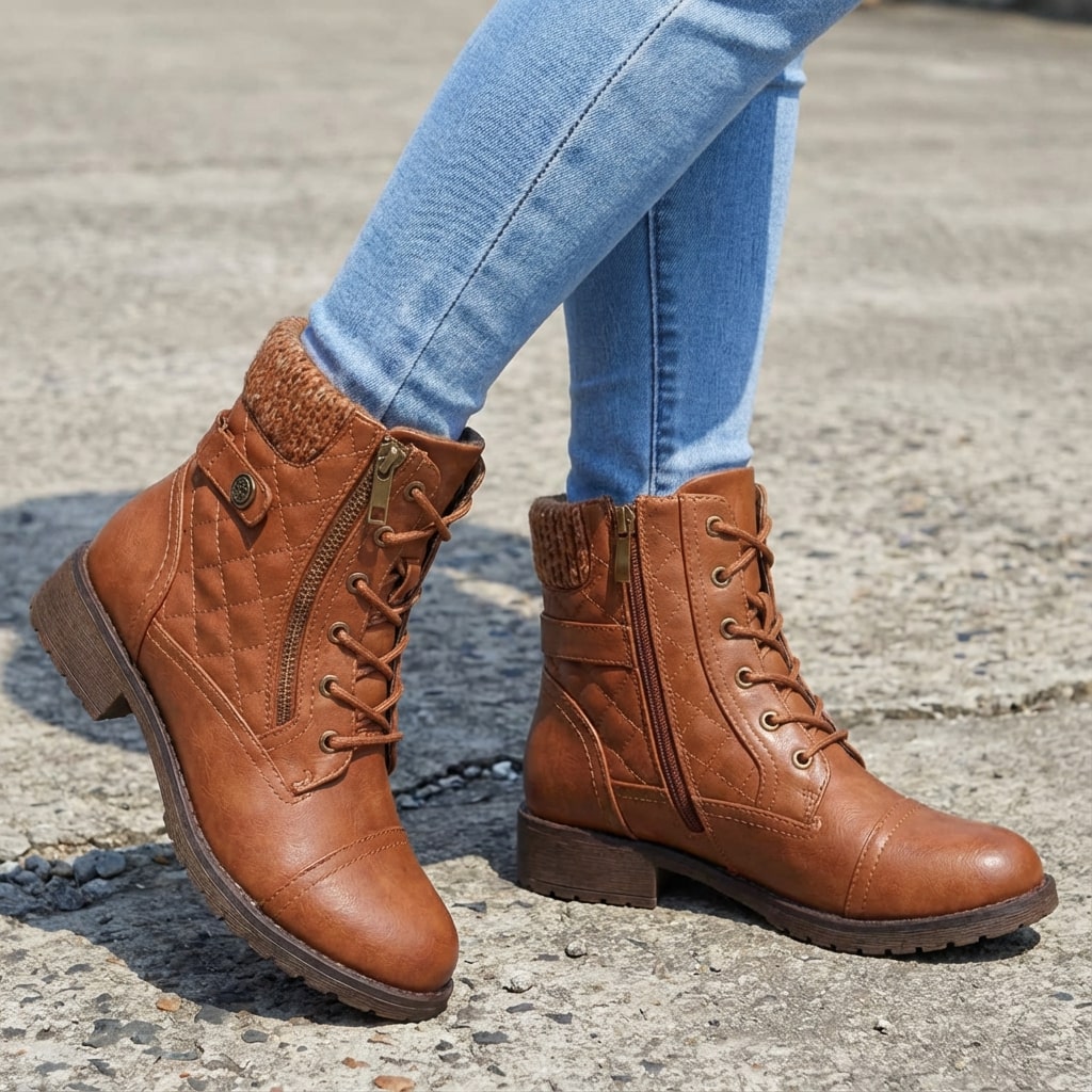 Bottines montantes à lacets pour femmes avec revers tricoté