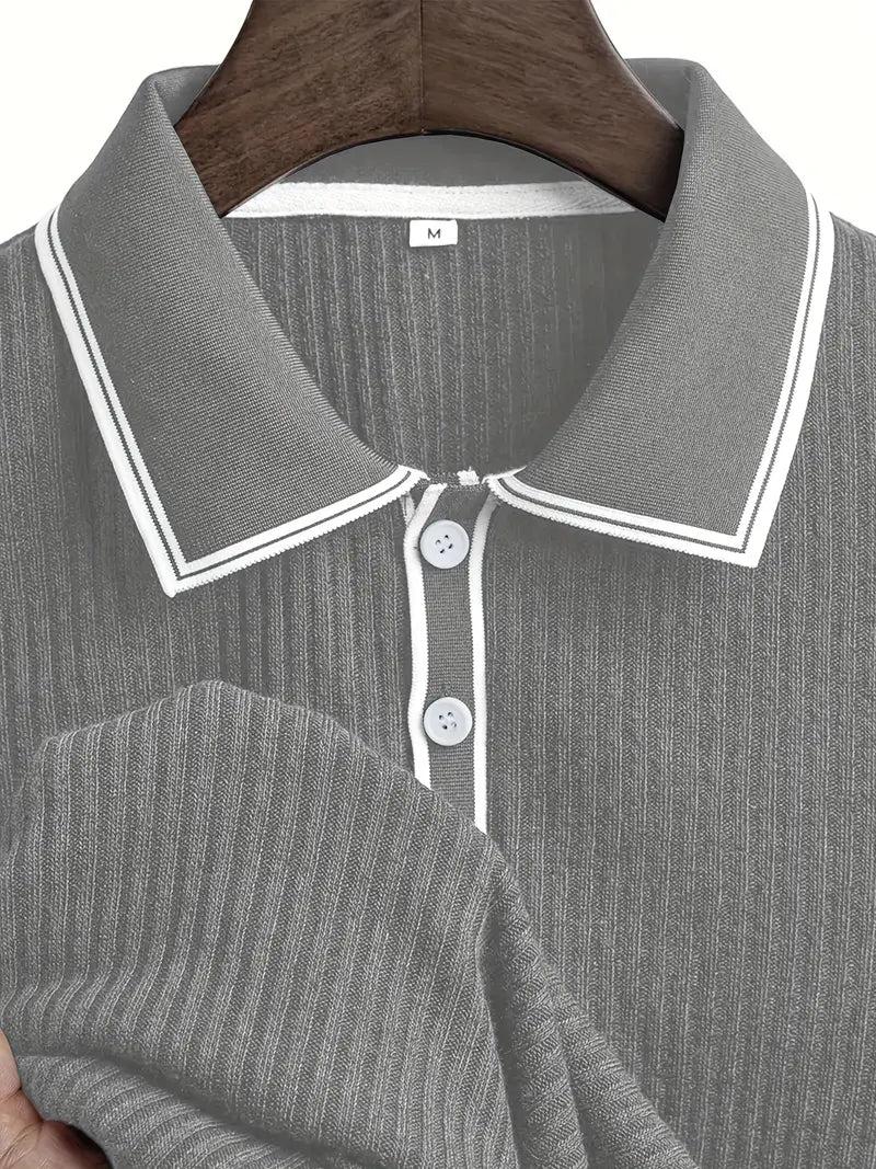 Ribbed Knit Polo with Contrast Placket Trim