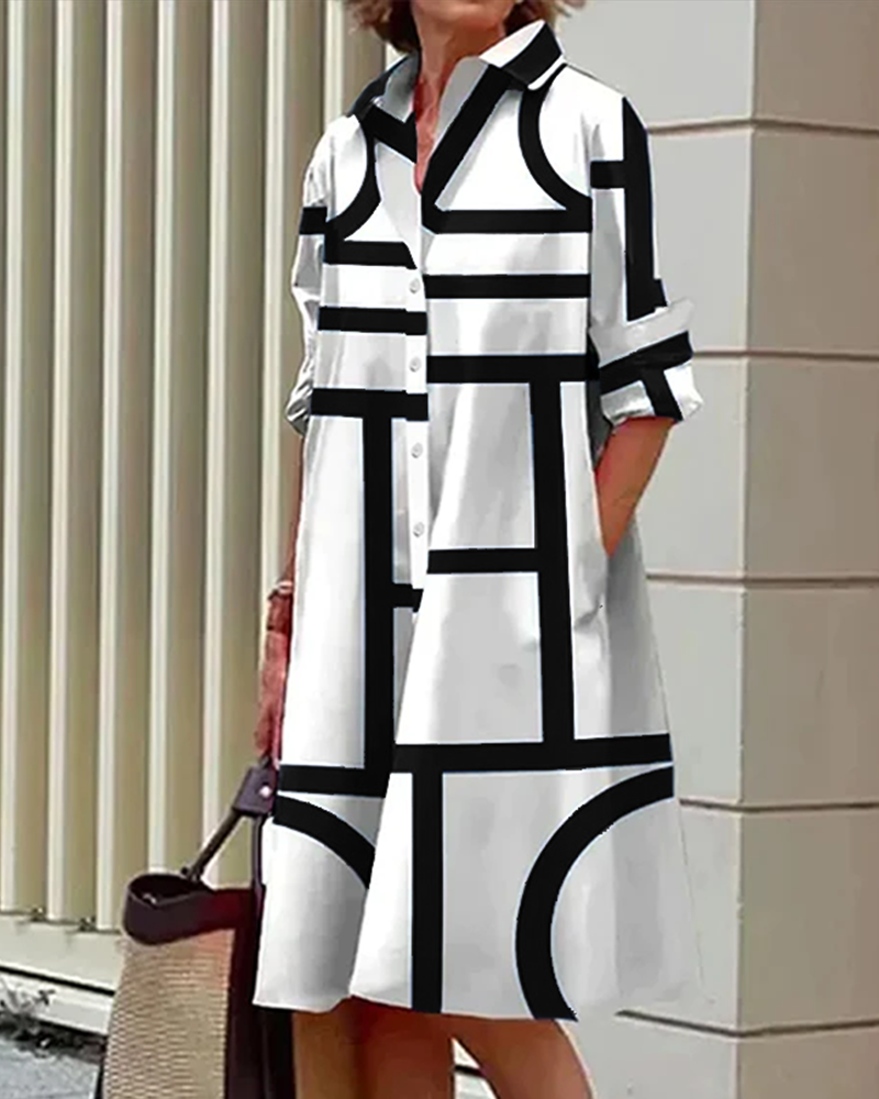 Geometric Print Shirt Dress with Button Front