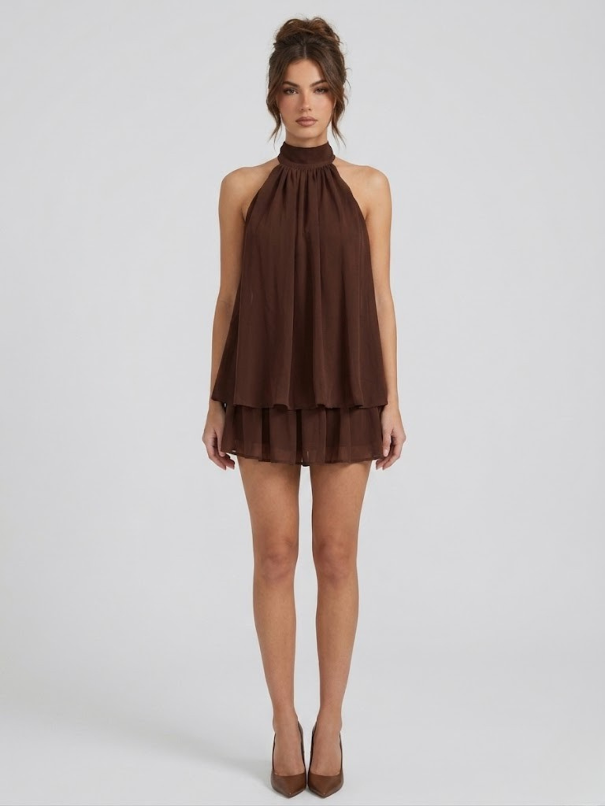 Halter Neck Chiffon Mini Dress with Tiered Hem