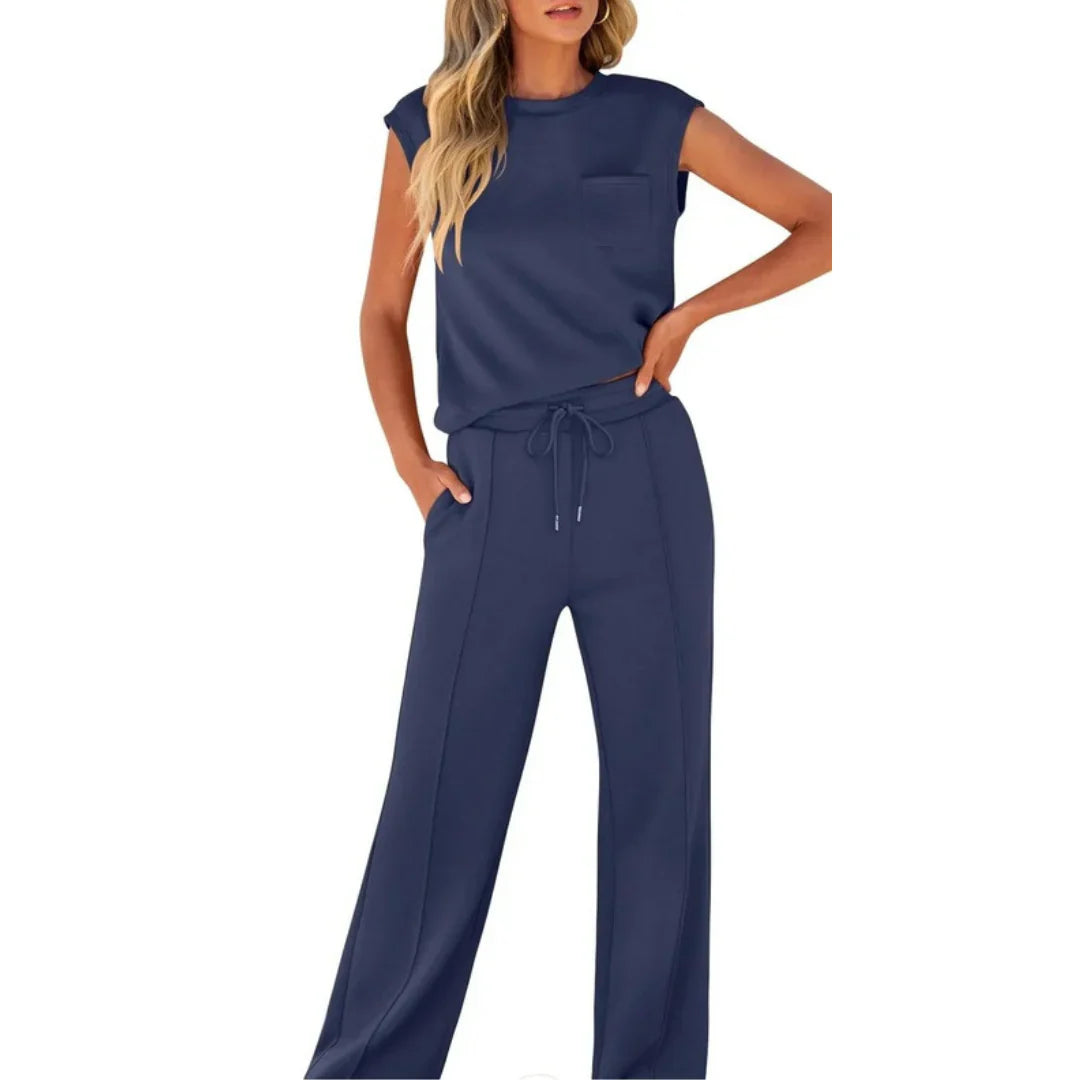 Women's Cap Sleeve Top and Drawstring Wide Leg Set