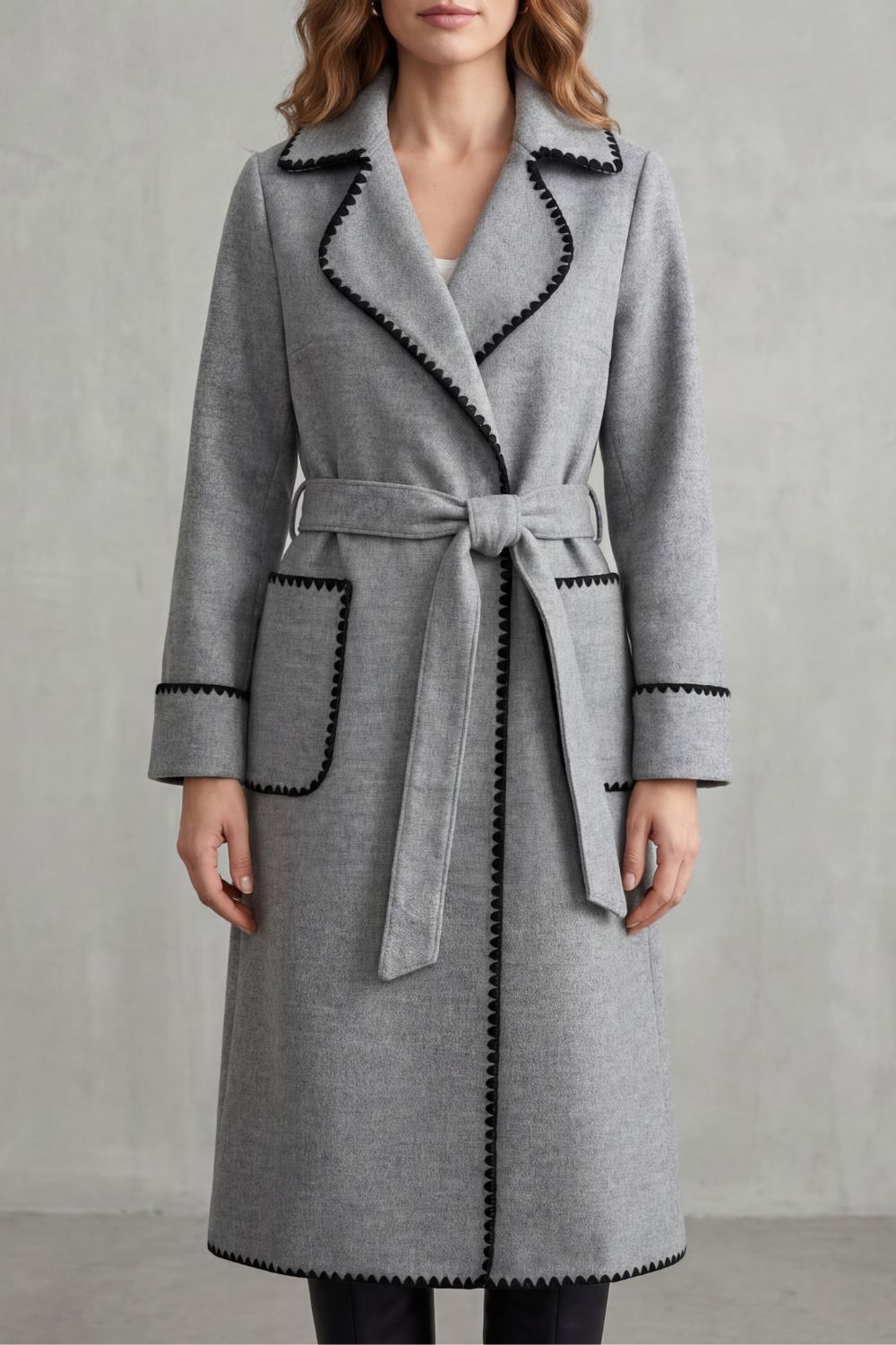Women’s Belted Longline Coat with Contrast Stitch Trim