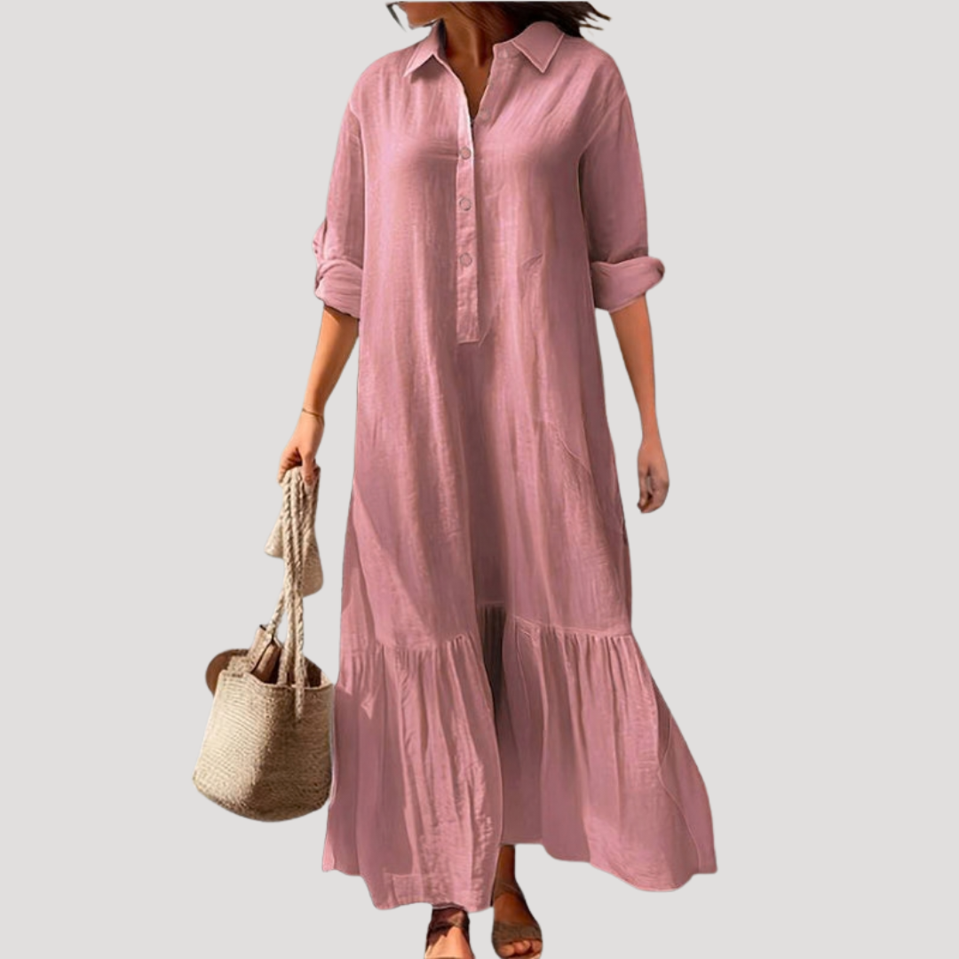 Cotton Shirt Dress with Tiered Hem and Button Front