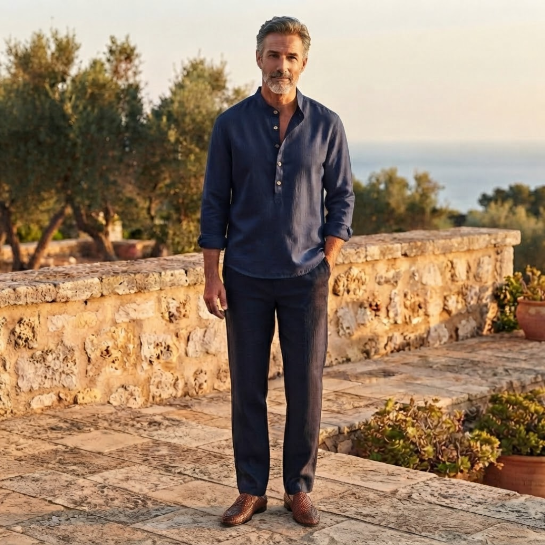 Men's Grandad Collar Linen Shirt with Button Placket