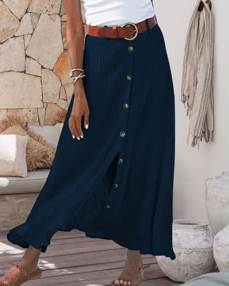 Linen Maxi Skirt with Button Front and Belted Waist