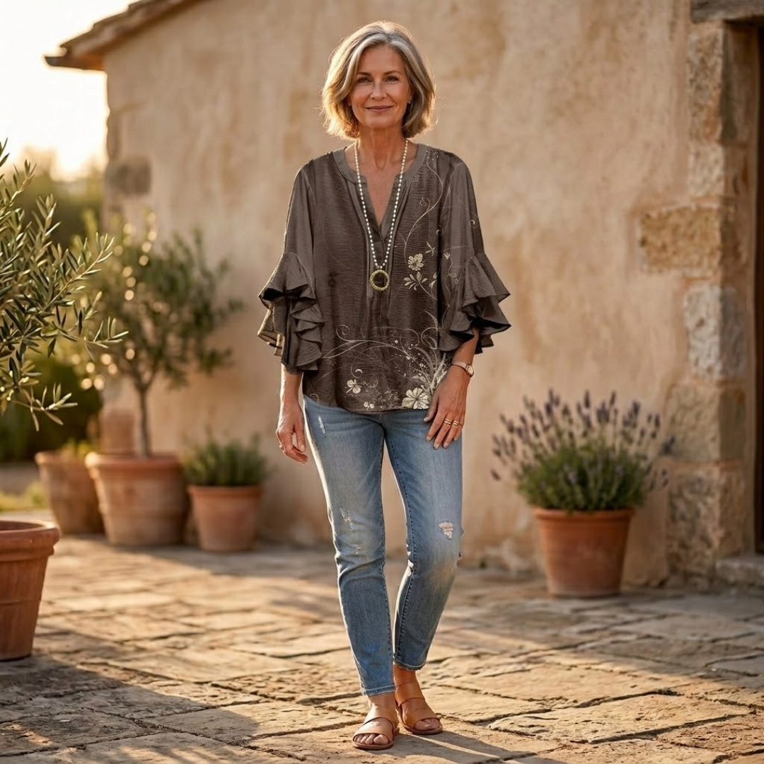Ruffle-Sleeve Blouse with V-Neck Design