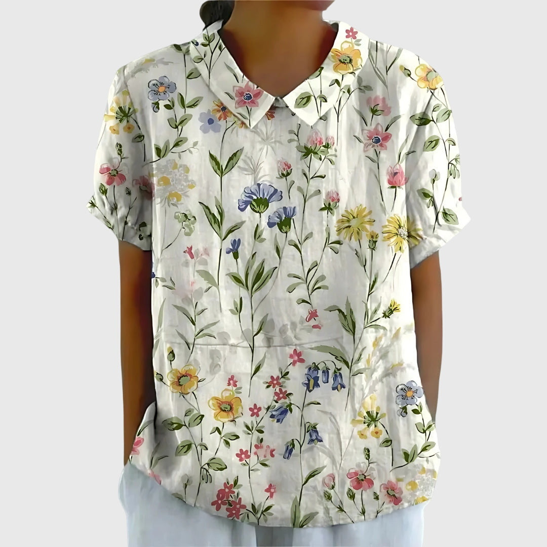 Floral Print Blouse with Collar and Short Sleeves