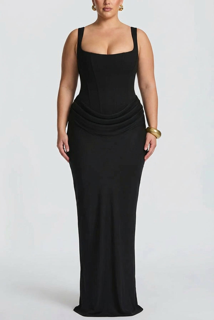 Robe longue froncée pour femme à encolure carrée