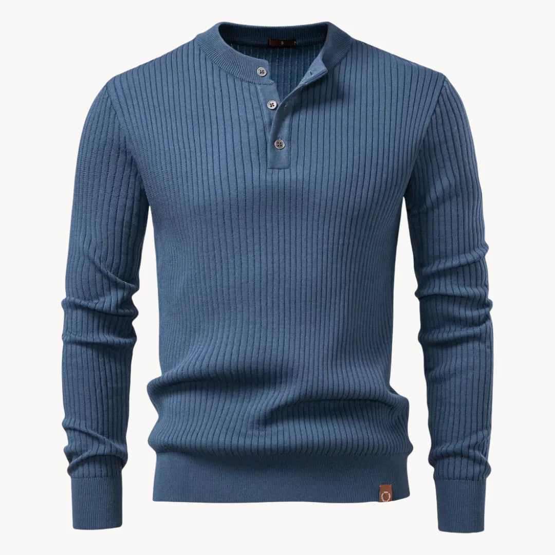 Men's Ribbed Henley Sweater with Button Neck