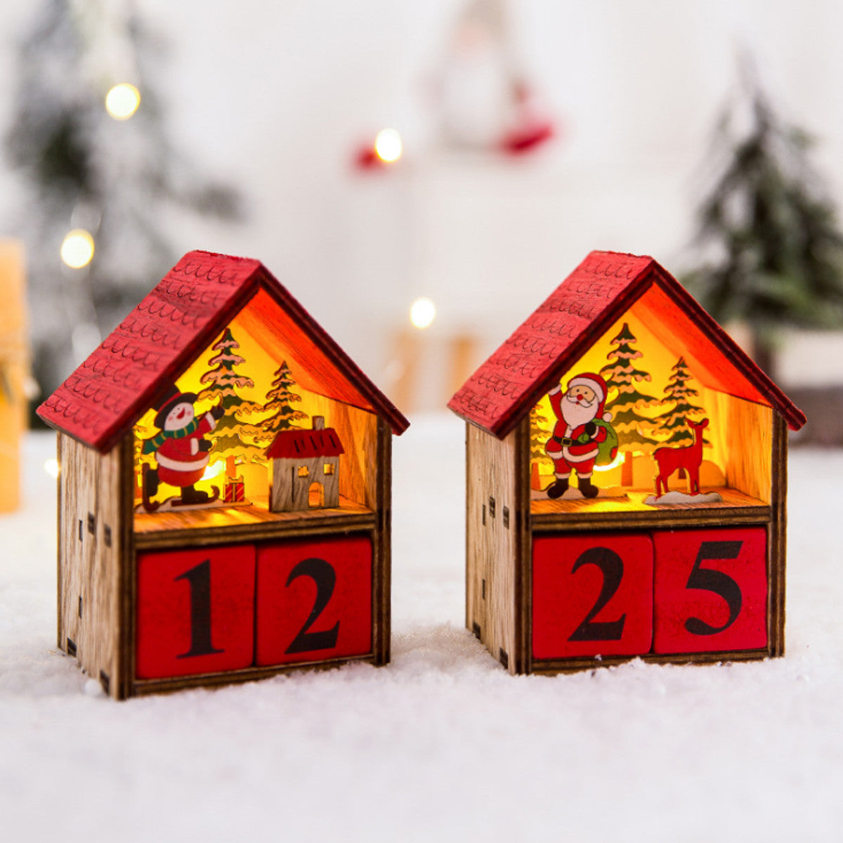 Wooden LED Advent Calendar House | Santa & Snowman Design