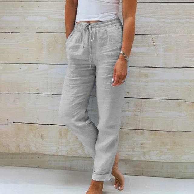 Women's Straight Leg Linen Trousers with Drawstring