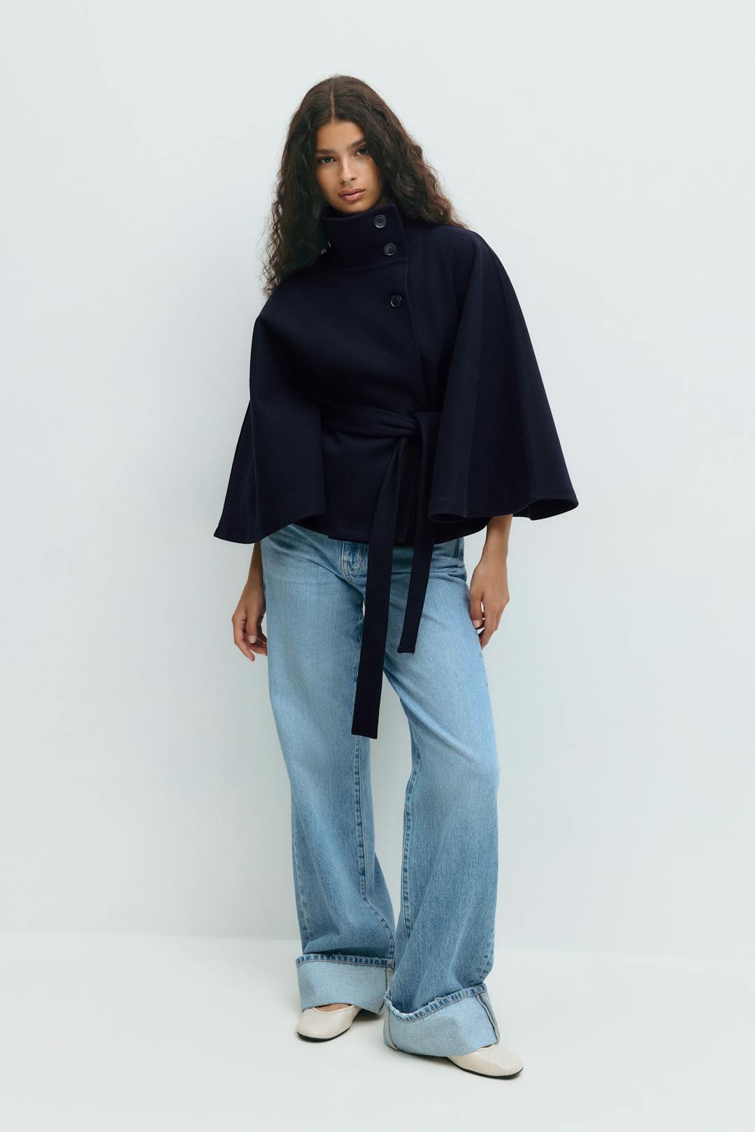 Women's Belted Cape Jacket with High Collar