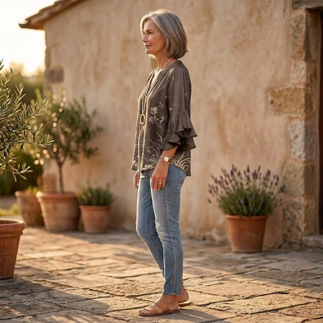 Ruffle-Sleeve Blouse with V-Neck Design