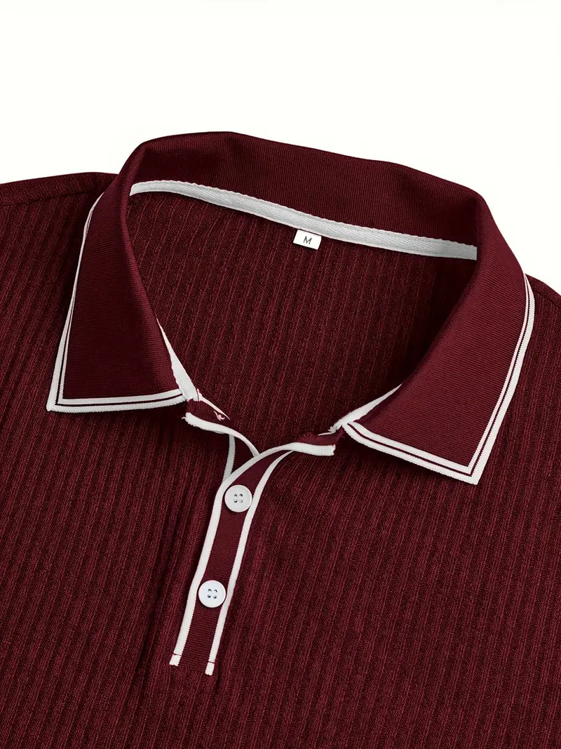 Ribbed Knit Polo with Contrast Placket Trim