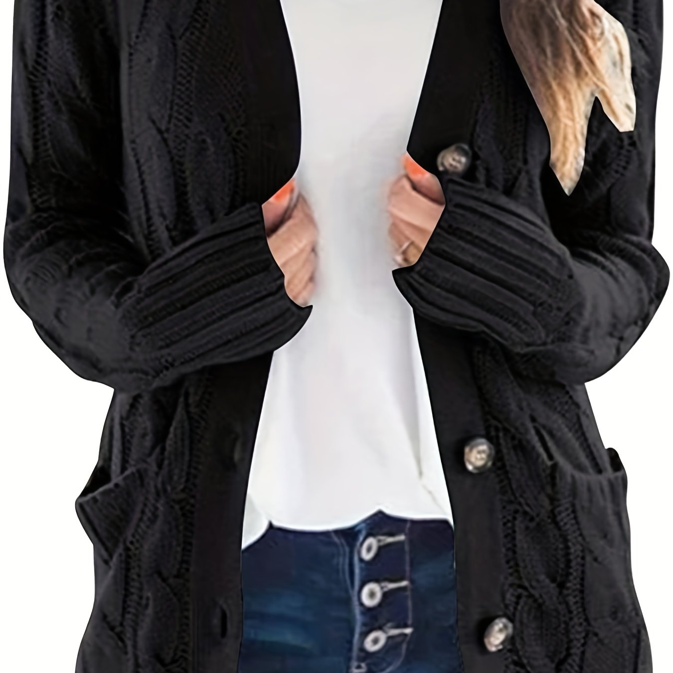 Women’s Cable Knit Longline Cardigan with Pockets