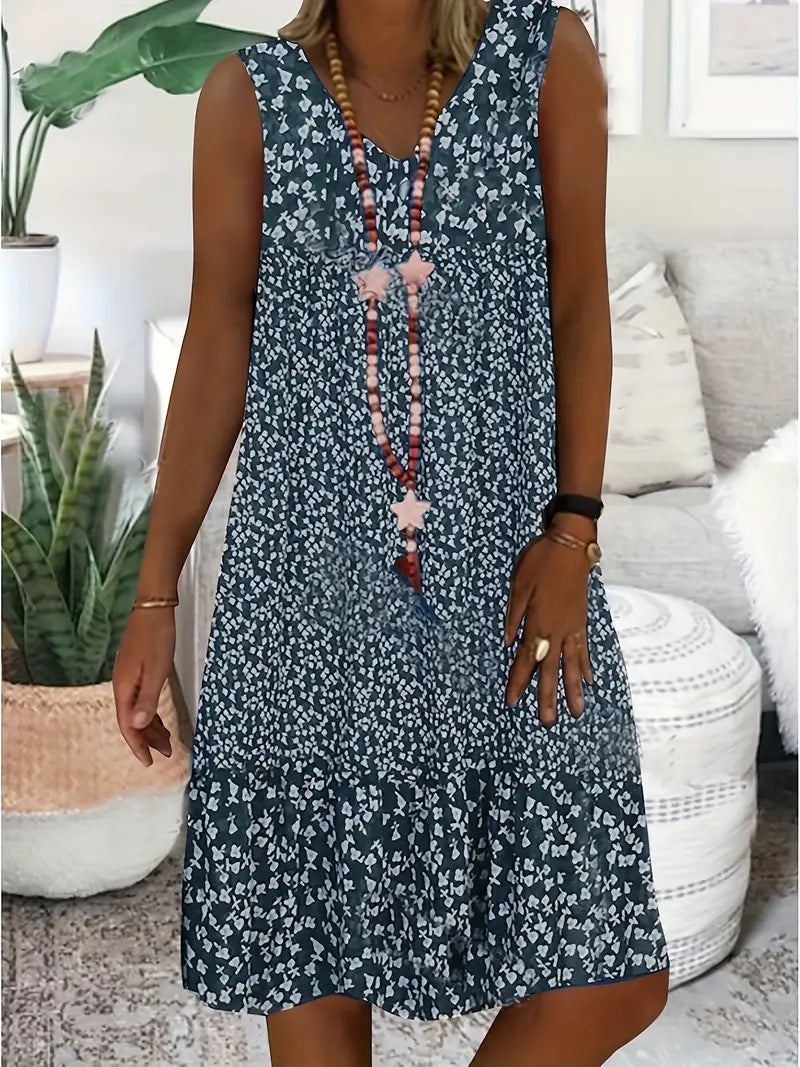 Women's Cotton Blend Floral Sleeveless Midi Dress