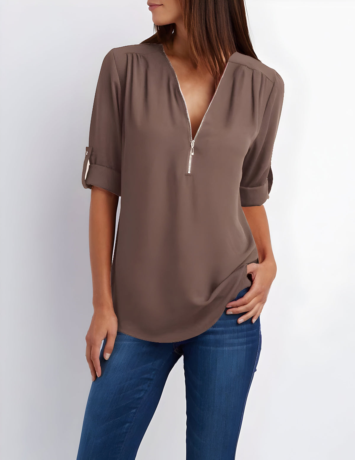 Women's Short Sleeve Blouse with Half Zip