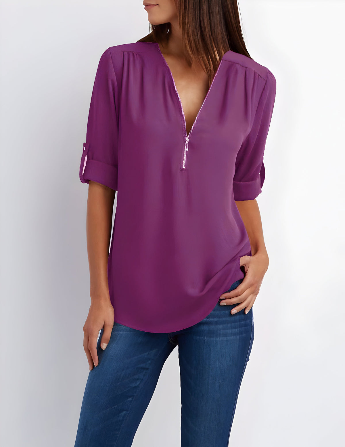Women's Short Sleeve Blouse with Half Zip