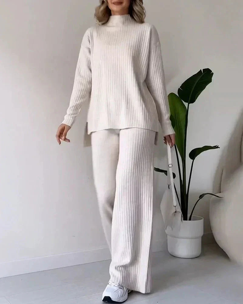 Women's Ribbed High-Neck Jumper and Wide-Leg Trousers Set