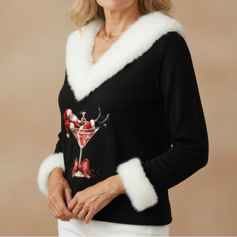 Pull de Noël pour femme avec bordure en fausse fourrure