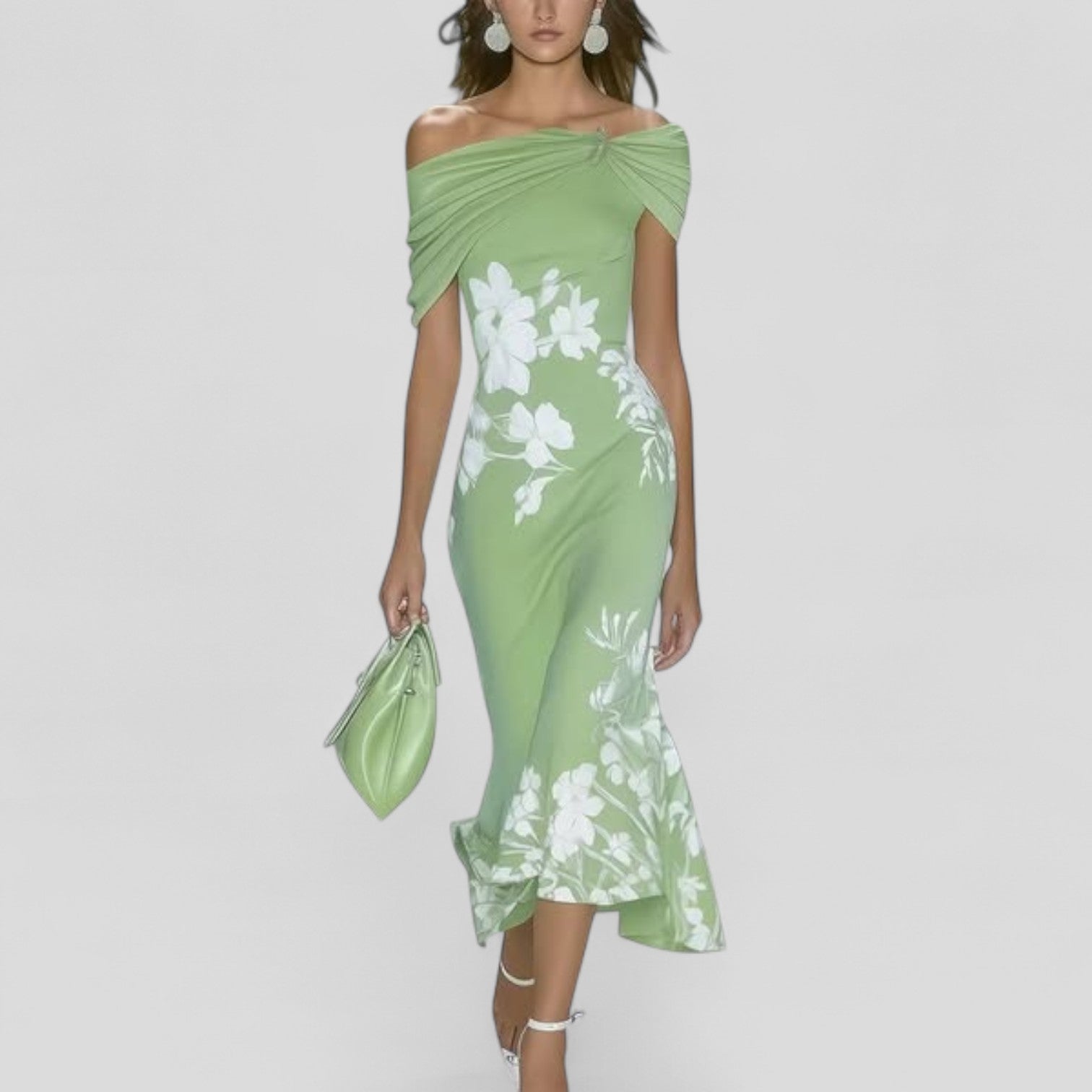 Off-Shoulder Floral Midi Dress with Fitted Bodice