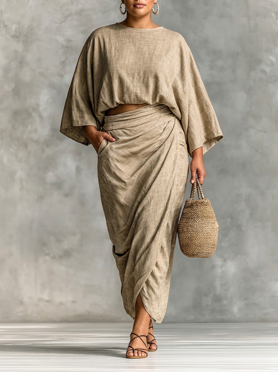 Ensemble deux pièces pour femme en mélange de lin, avec top et jupe longue