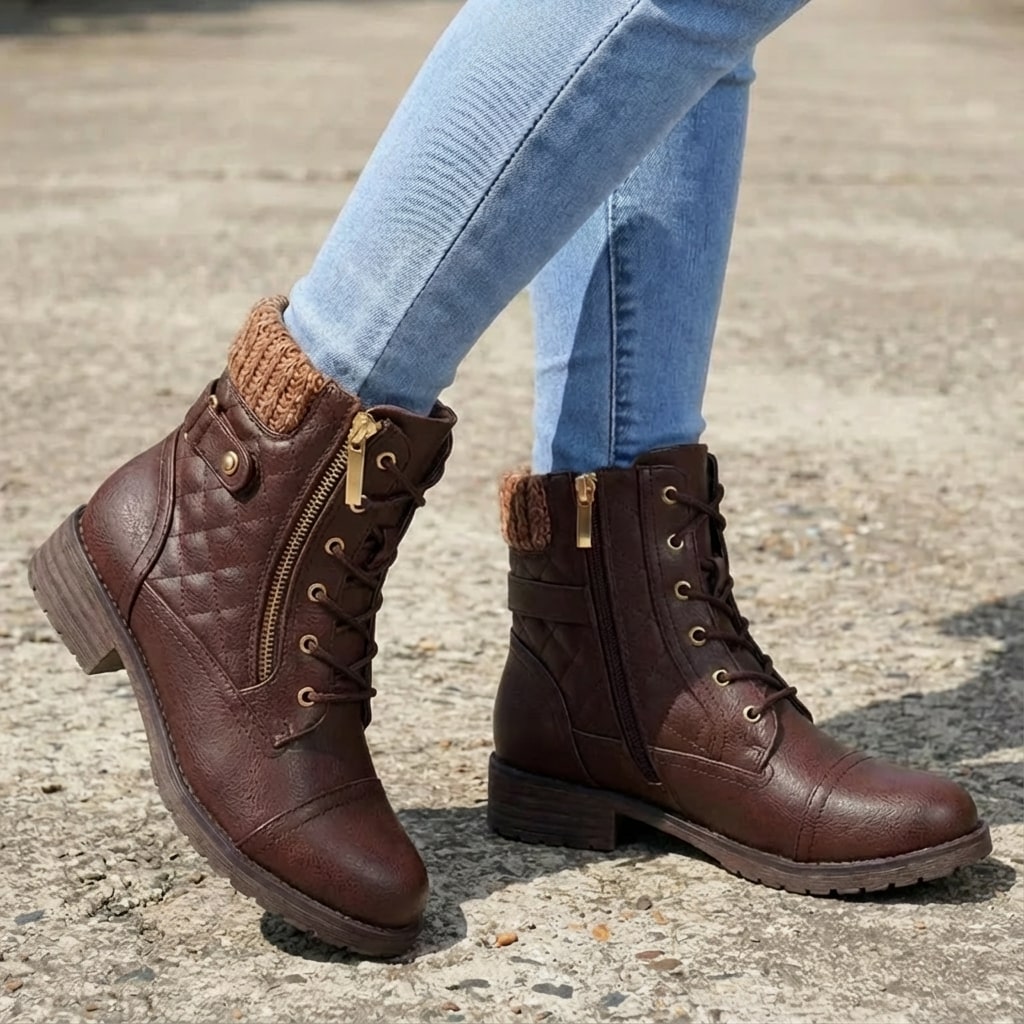 Bottines montantes à lacets pour femmes avec revers tricoté