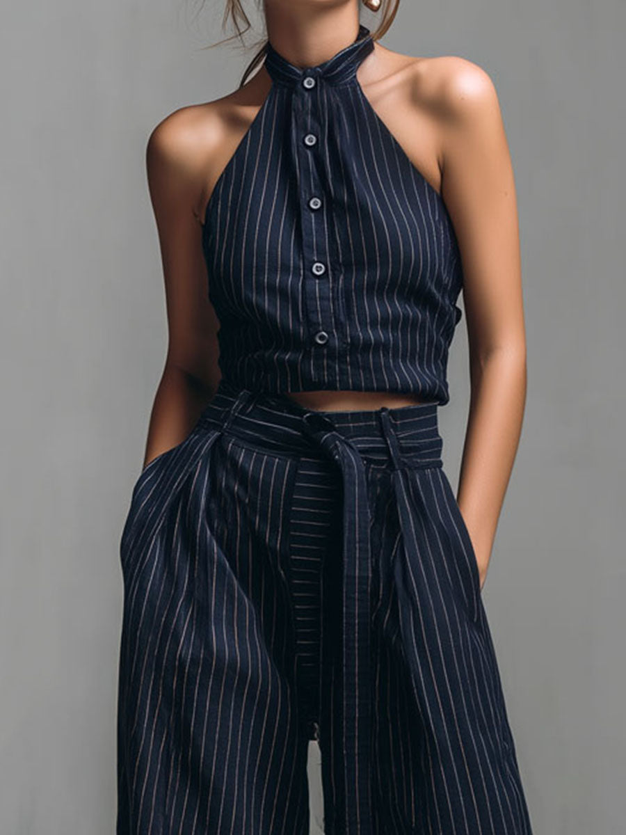Women's Pinstripe Halterneck Top and Wide Leg Trousers Set