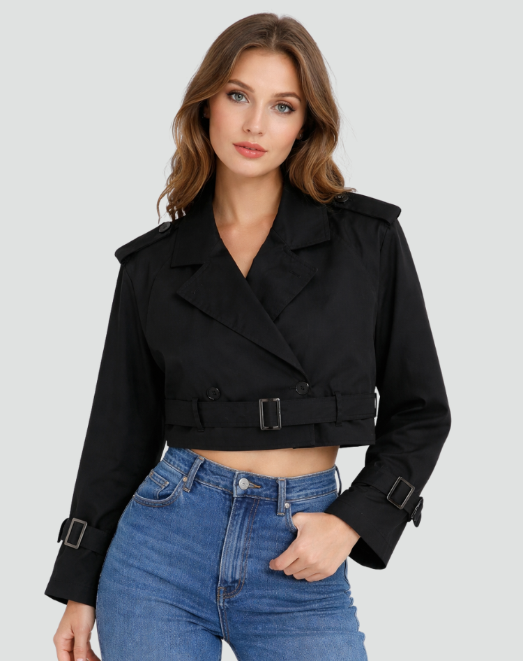 Women's Cropped Double-Breasted Trench Jacket with Belt