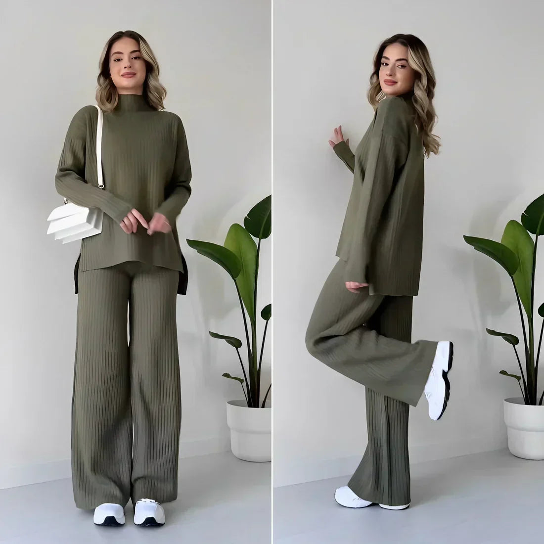 Women's Ribbed High-Neck Jumper and Wide-Leg Trousers Set