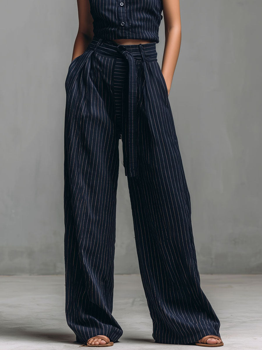 Women's Pinstripe Halterneck Top and Wide Leg Trousers Set