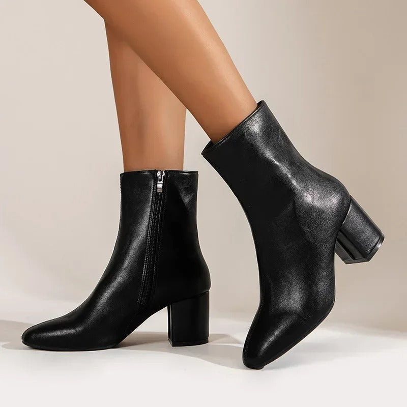 Women's Square-Toe Ankle Boots with Block Heel and Side Zip