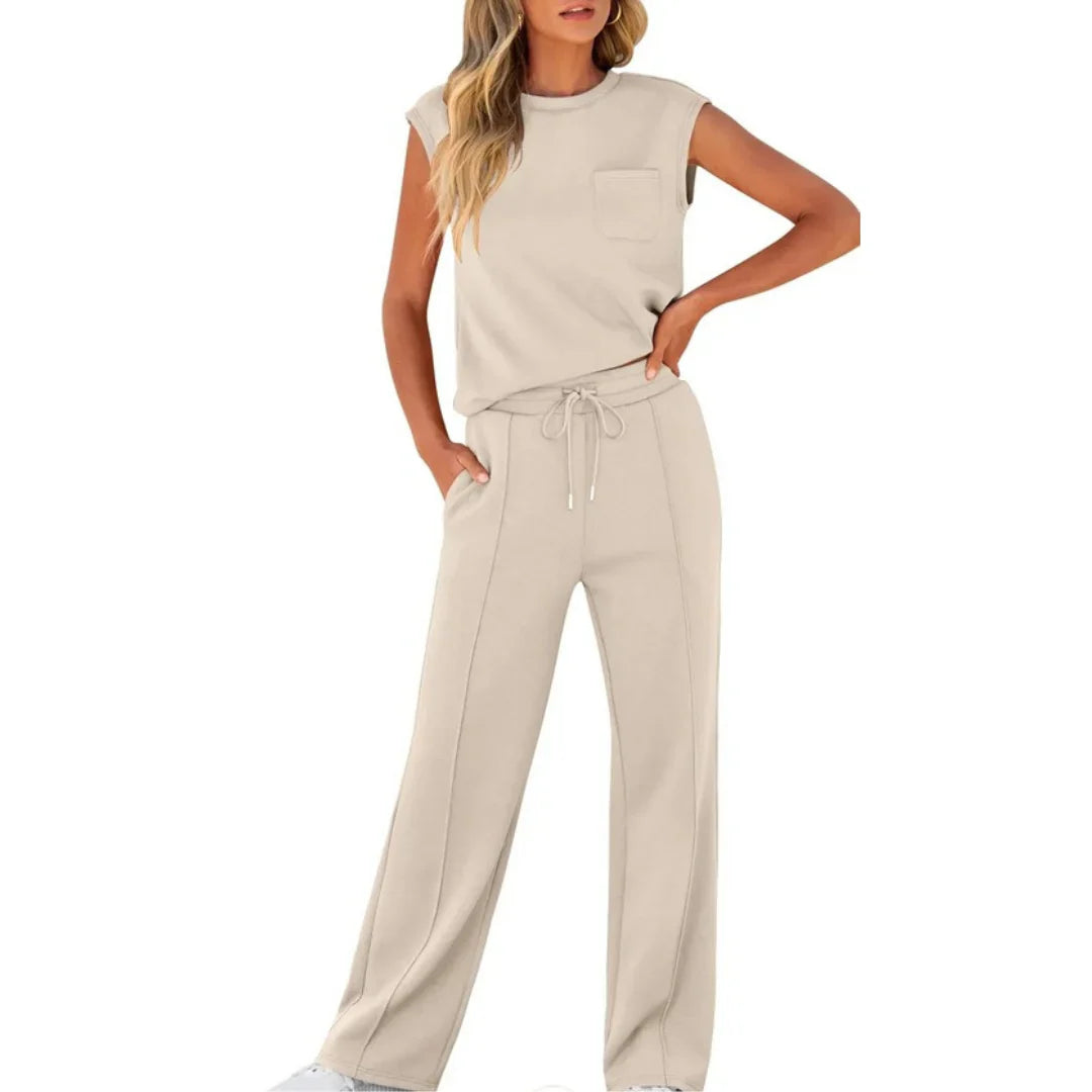 Women's Cap Sleeve Top and Drawstring Wide Leg Set
