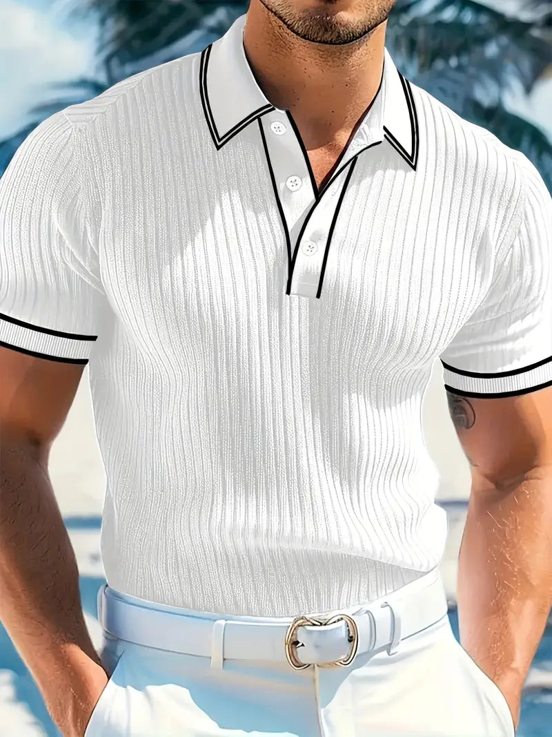 Ribbed Knit Polo with Contrast Placket Trim
