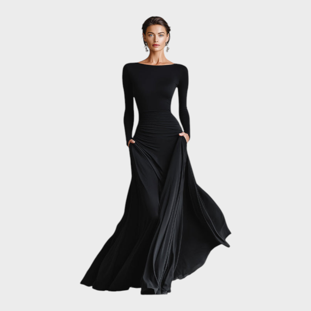 Women's Long Sleeve Ruched Waist Maxi Dress