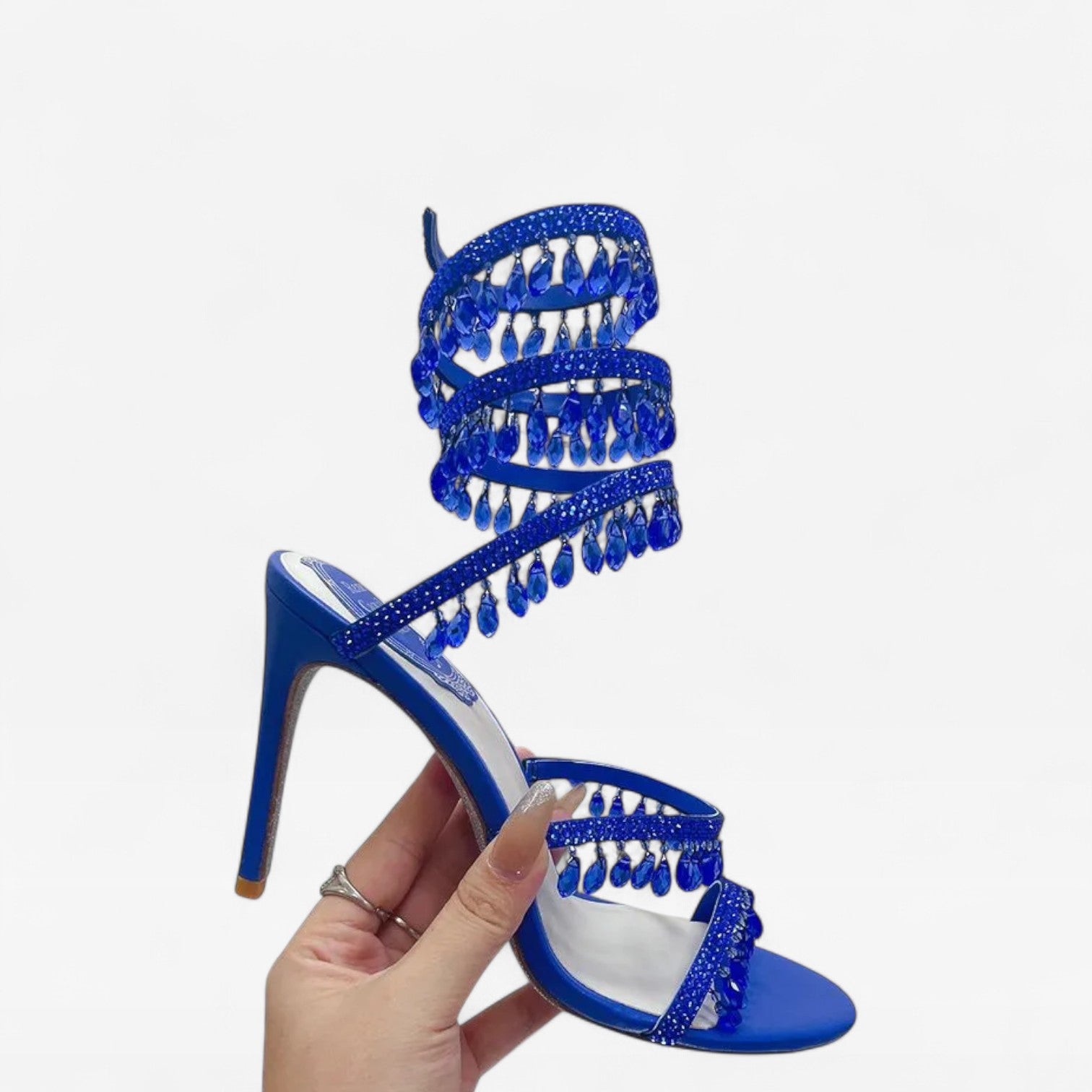 Stiletto Sandals with Spiral Wrap and Fringe Beading