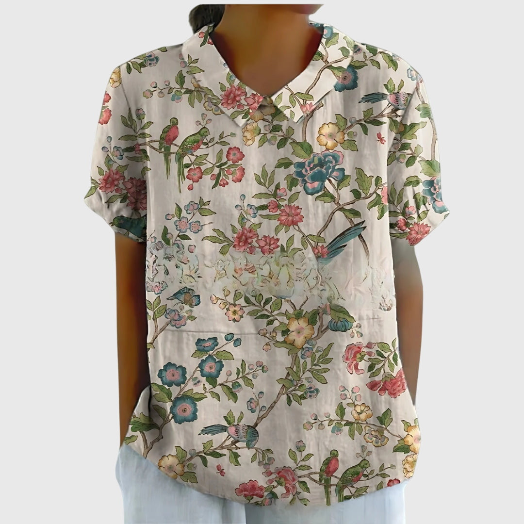Floral Print Blouse with Collar and Short Sleeves