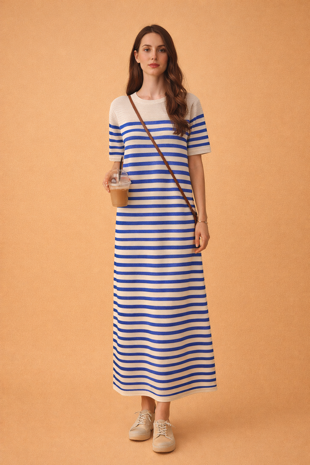 Striped Maxi T-Shirt Dress with Short Sleeves
